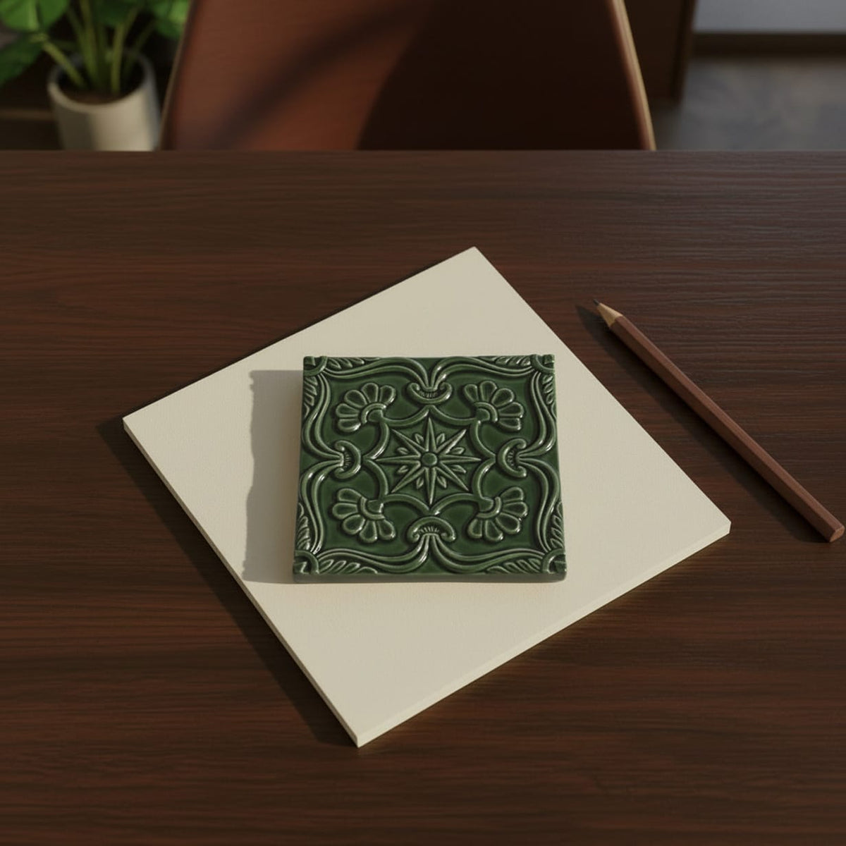 Azulejo du Portugal vert émeraude I Fabrication artisanale Azulejo Padrão à relief - 10x10cm