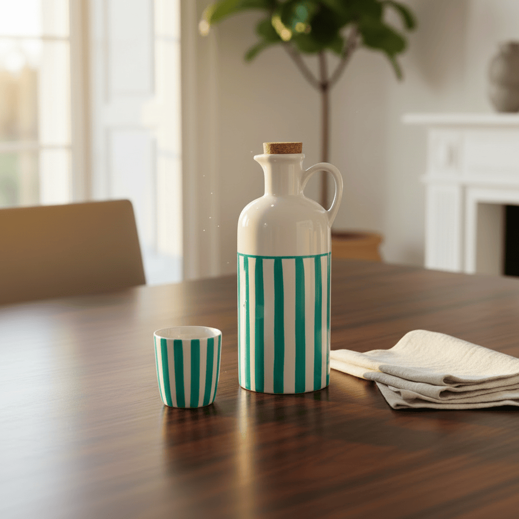 Carafe rayée turquoise et blanche avec bouchon en liège Carafe à huile rayée "Costa Nova Mar" 18cm - Turquoise