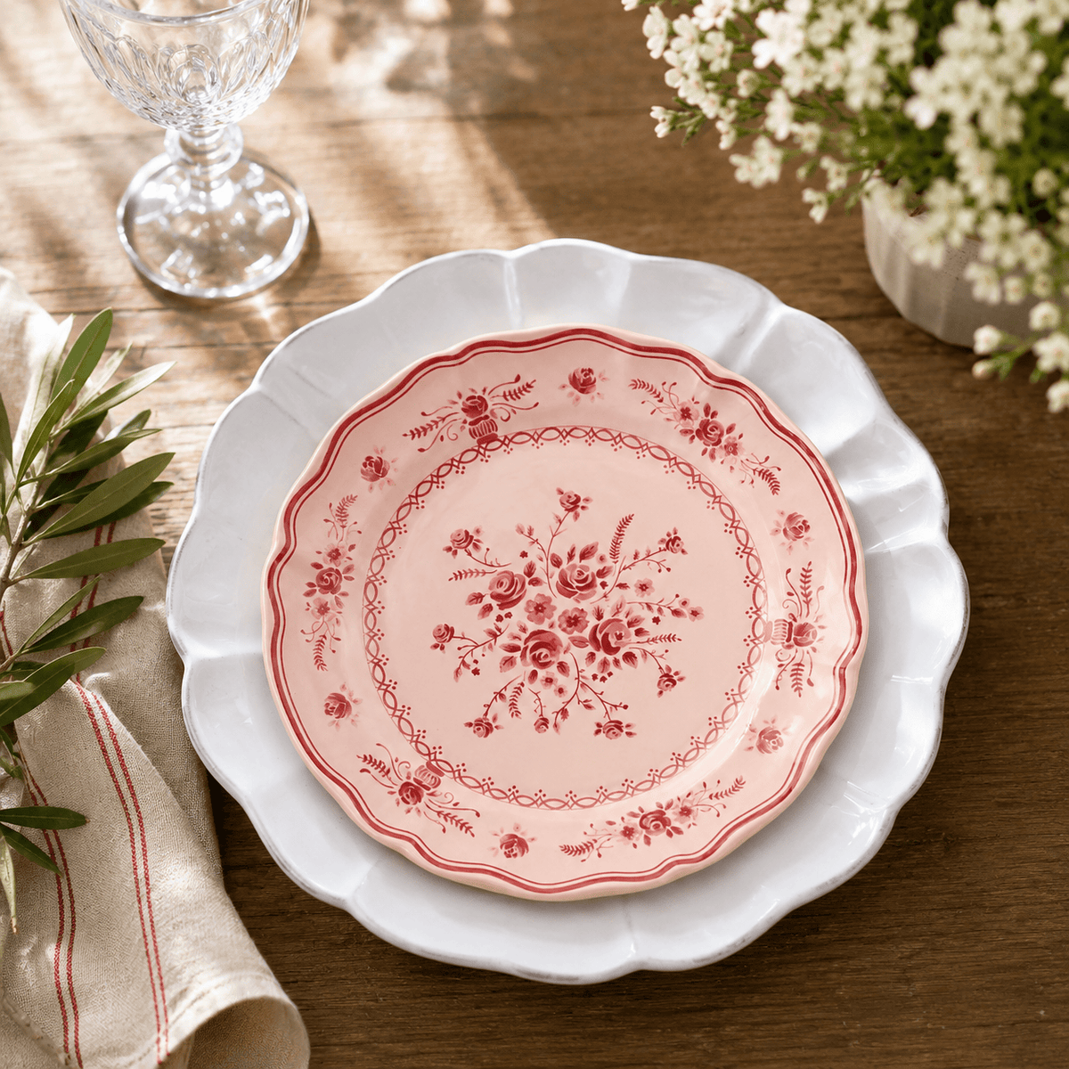 Duo d'Assiettes blanche Rosa & Vila 21cm rose en Grès Fin | Harmonie Portugaise Duo d'Assiettes en Grès Fin "Rosa & Vila" - Blanc & Rose 21cm