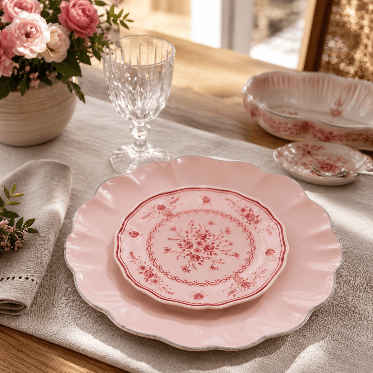 Duo d'Assiettes Rosa rose & Vila rose 17cm en Grès Fin | Harmonie Portugaise Duo d'Assiettes en Grès Fin "Rosa & Vila" - Rose & Rose