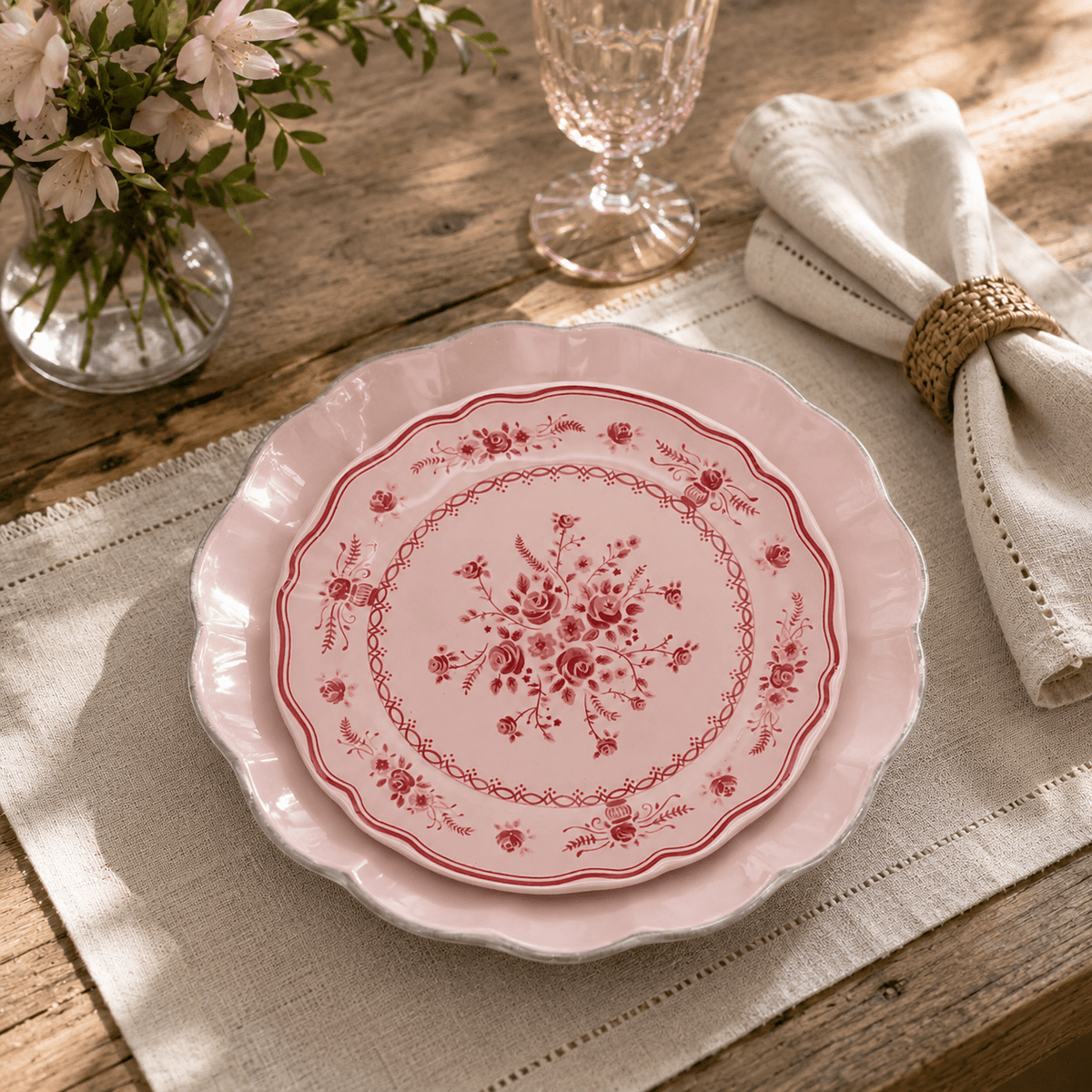 Duo d'Assiettes Rosa rose & Vila rose 21cm en Grès Fin | Harmonie Portugaise Duo d'Assiettes en Grès Fin "Rosa & Vila" - Rose & Rose 21cm