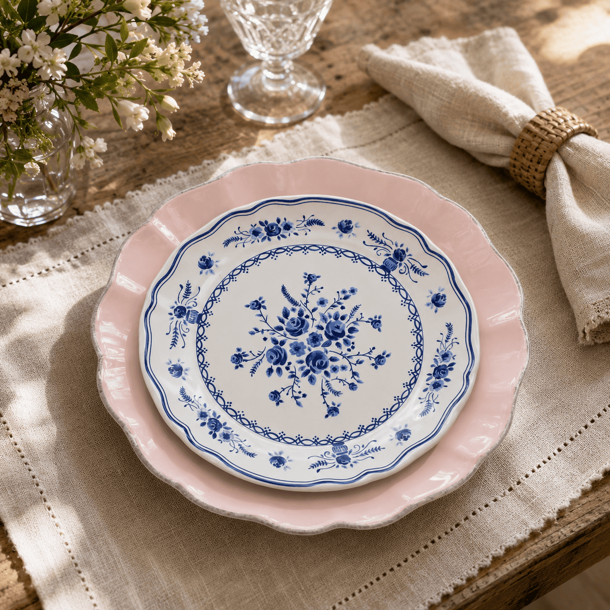 Duo d'Assiettes roses Rosa & Vila 21cm en Grès Fin | Harmonie Portugaise Duo d'Assiettes en Grès Fin "Rosa & Vila" - Rose & Blanc 21cm