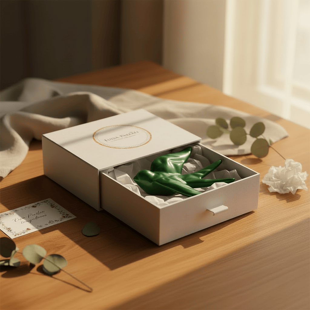 hirondelle en céramique stylisée et modernisée vert brillant dans sa boîte cadeau Luisa Paixão. Coffret hirondelle stylisée - Vert