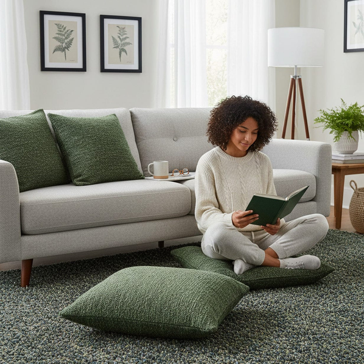 Housse de coussin grise en coton du Portugal Housse de coussin artisanale 60x60 - Vert moyen
