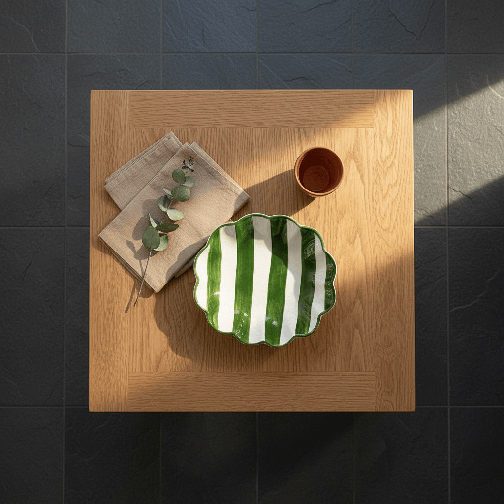 Plat de 24cm en céramique portugaise rayé vert et blanc Plat de service rayé "Costa Nova Mar" - Vert