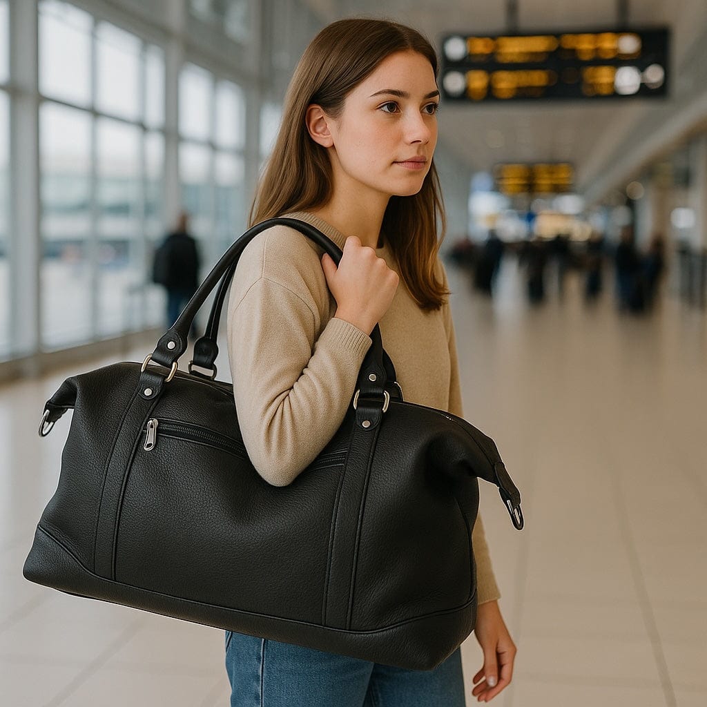 Sac fourre-tout de voyage en cuir noir I Maroquinerie portugaise Sac de voyage en cuir - Noir