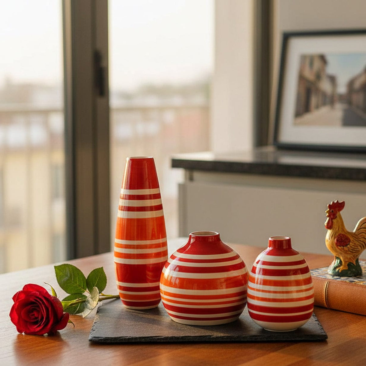 Soliflore boule rouge orange et blanc I Vases en céramique du Portugal Vase boule rayé - Rouge
