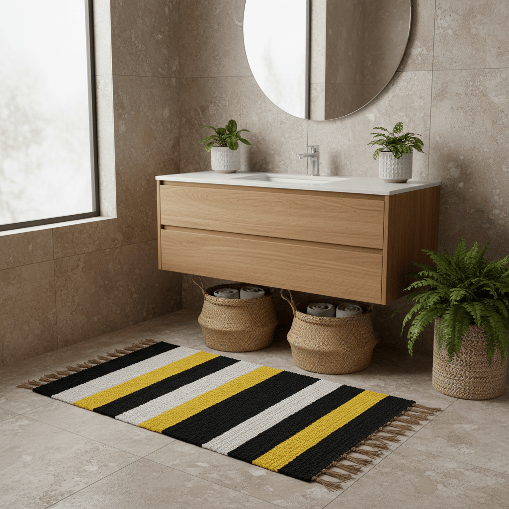Tapis rayé jaune noir blanc I Tapis artisanal portugais Tapis Artisanal rayé - Noir. jaune. beige