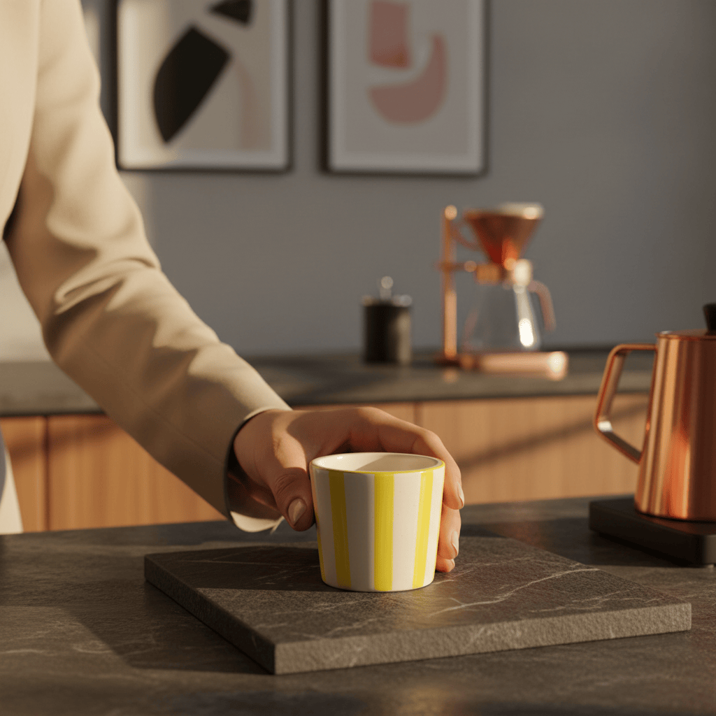 Tasse espresso Costa Nova artisanale jaune peinte main Tasse à espresso rayée "Costa Nova Mar" - Jaune