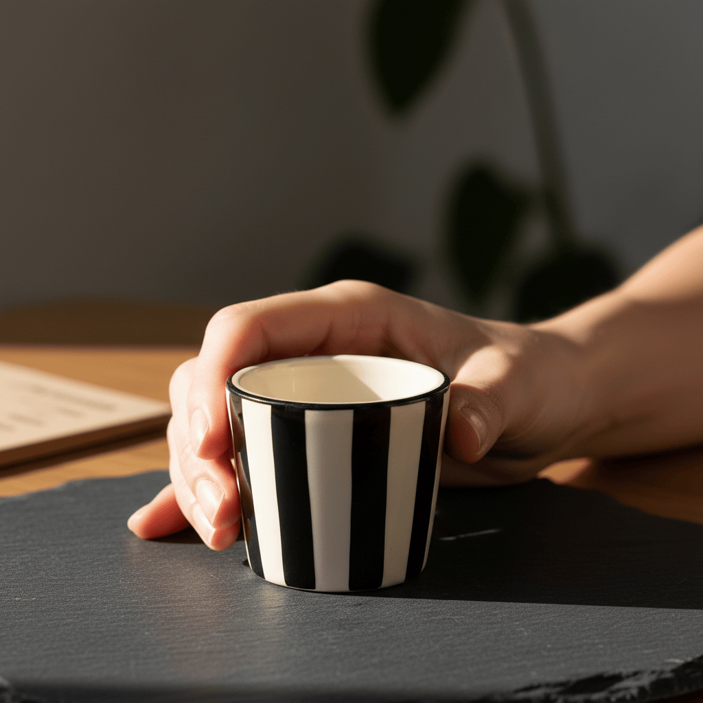 Tasse espresso Costa Nova artisanale noire peinte main Tasse à espresso rayée "Costa Nova Mar" - Noir