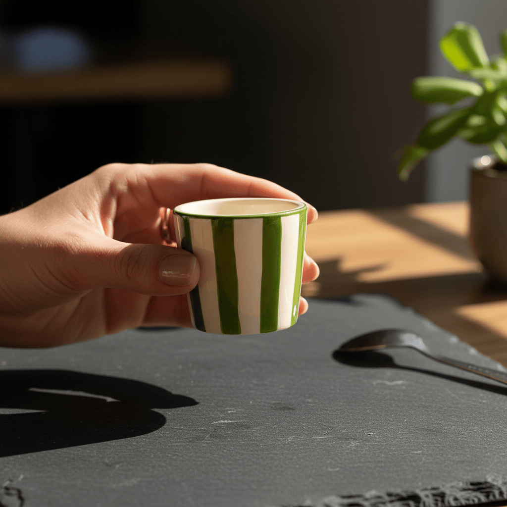 Tasse espresso Costa Nova artisanale verte peinte main Tasse à espresso rayée "Costa Nova Mar" - Vert