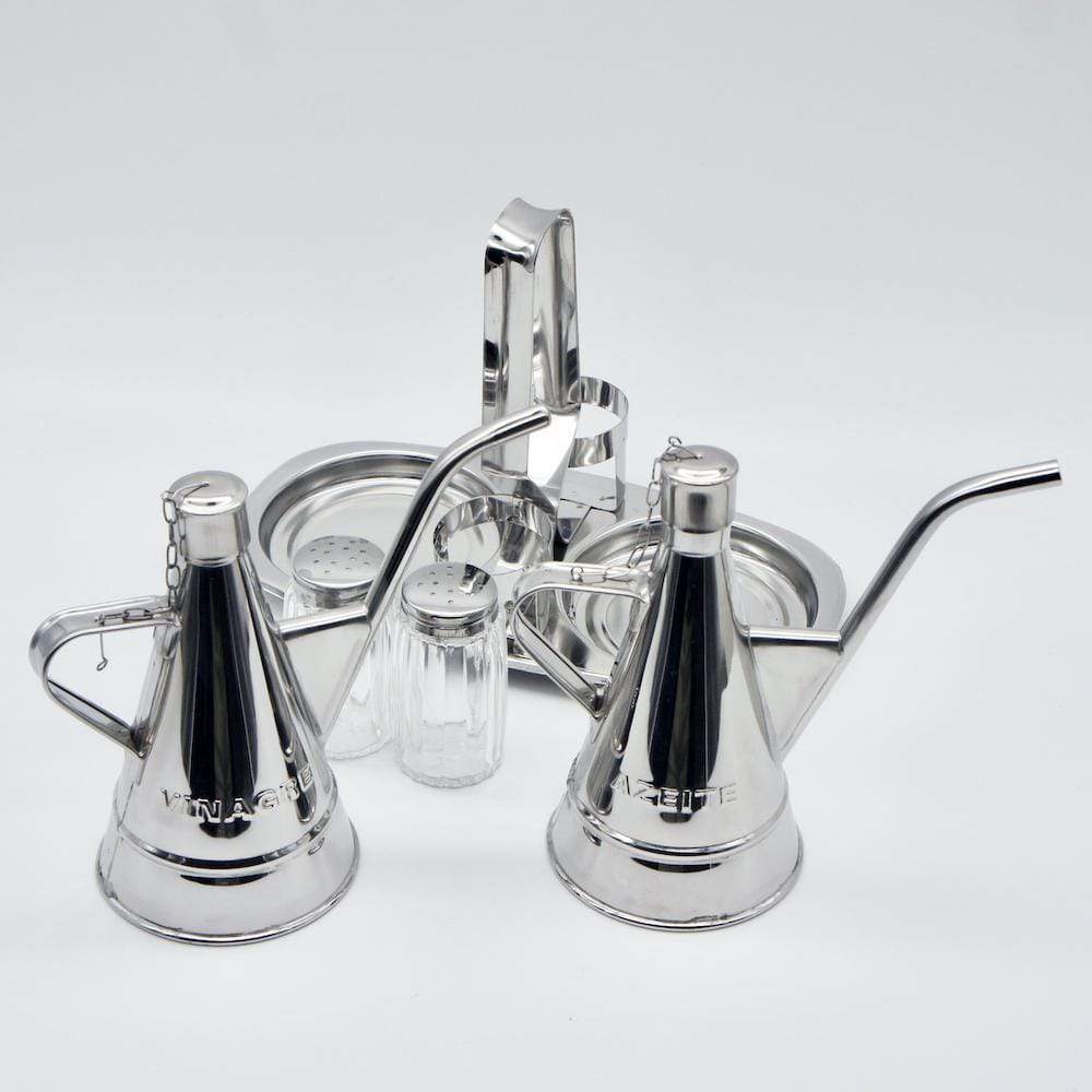 Stainless steel oil, vinegar, salt and pepper cruet set