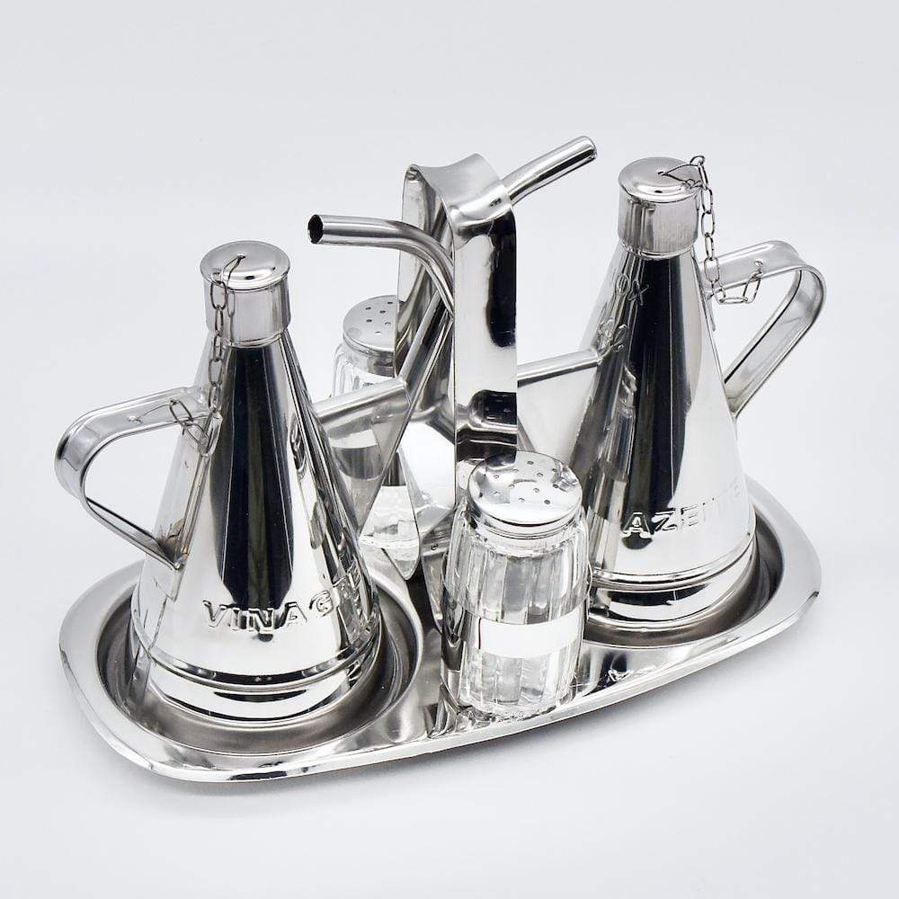Stainless steel oil, vinegar, salt and pepper cruet set
