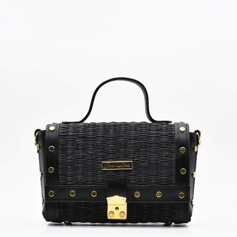 Sac à main en cuir et jonc noir I Tendance portugaise Sac en cuir et jonc 24cm - Noir