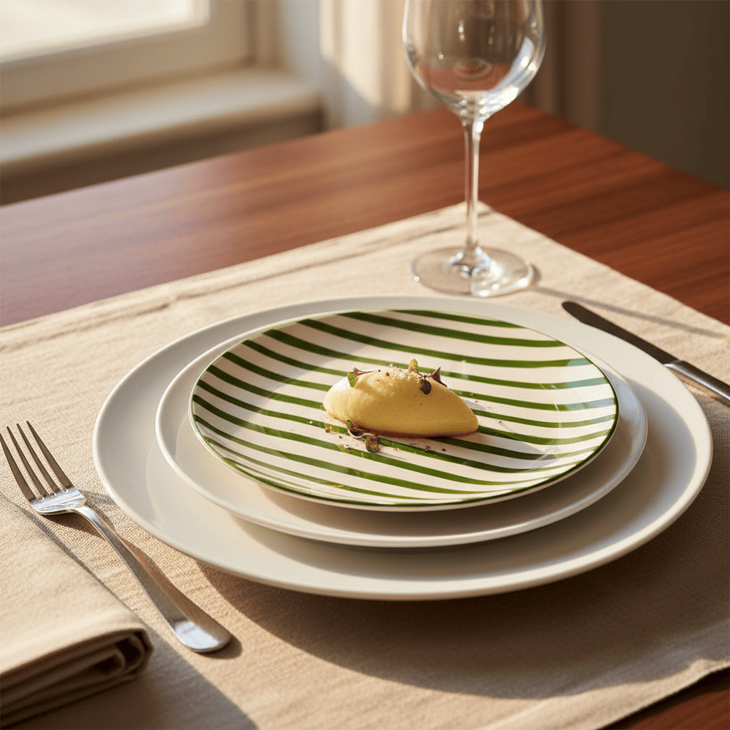 Assiette en porcelaine portugaise I Vaisselle du Portugal en ligne Assiette rayée "Costa Nova Mar" 20cm - Vert