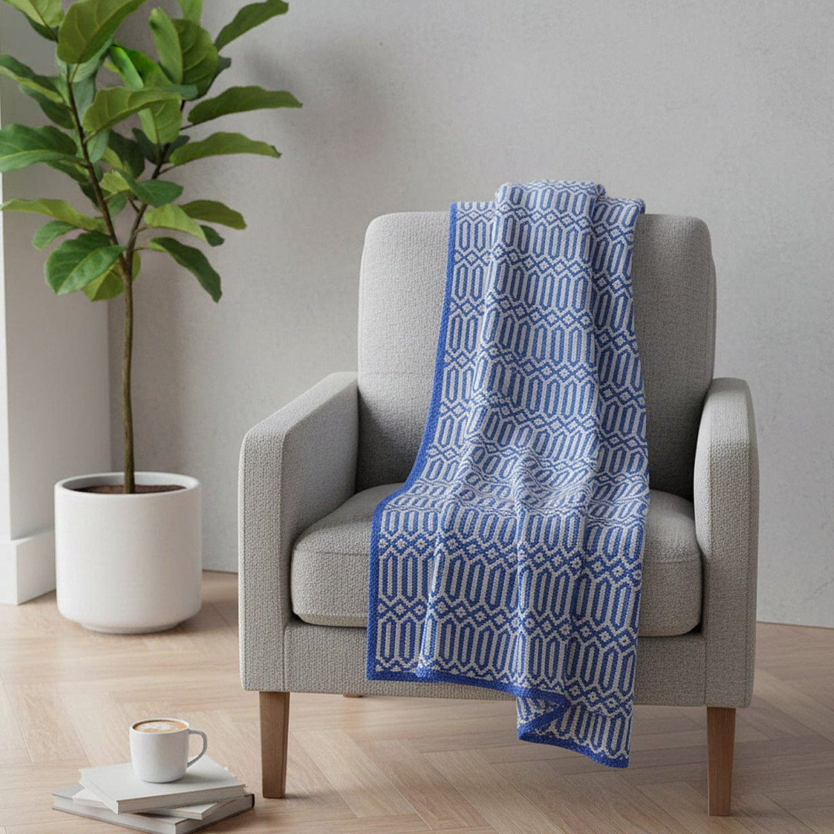 Grand plaid en coton bleu tissé au Portugal Plaid en coton "Hexa" - Bleu