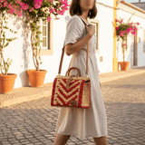 Grand sac cabas en jonc Rouge - Tendance mode portugaise Sac cabas en jonc 30cm - Rouge & naturel