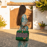 Grand sac cabas en jonc vet & violet - Mode portugaise Sac cabas en jonc 30cm - Vert & violet