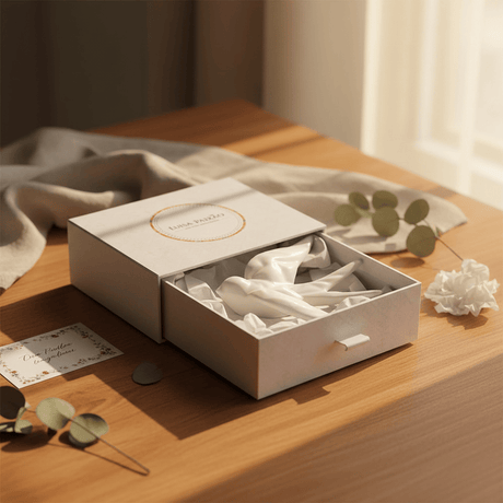 hirondelle en céramique stylisée et modernisée blanche, dans sa boîte cadeau Luisa Paixão.  Coffret hirondelle stylisée - Blanc