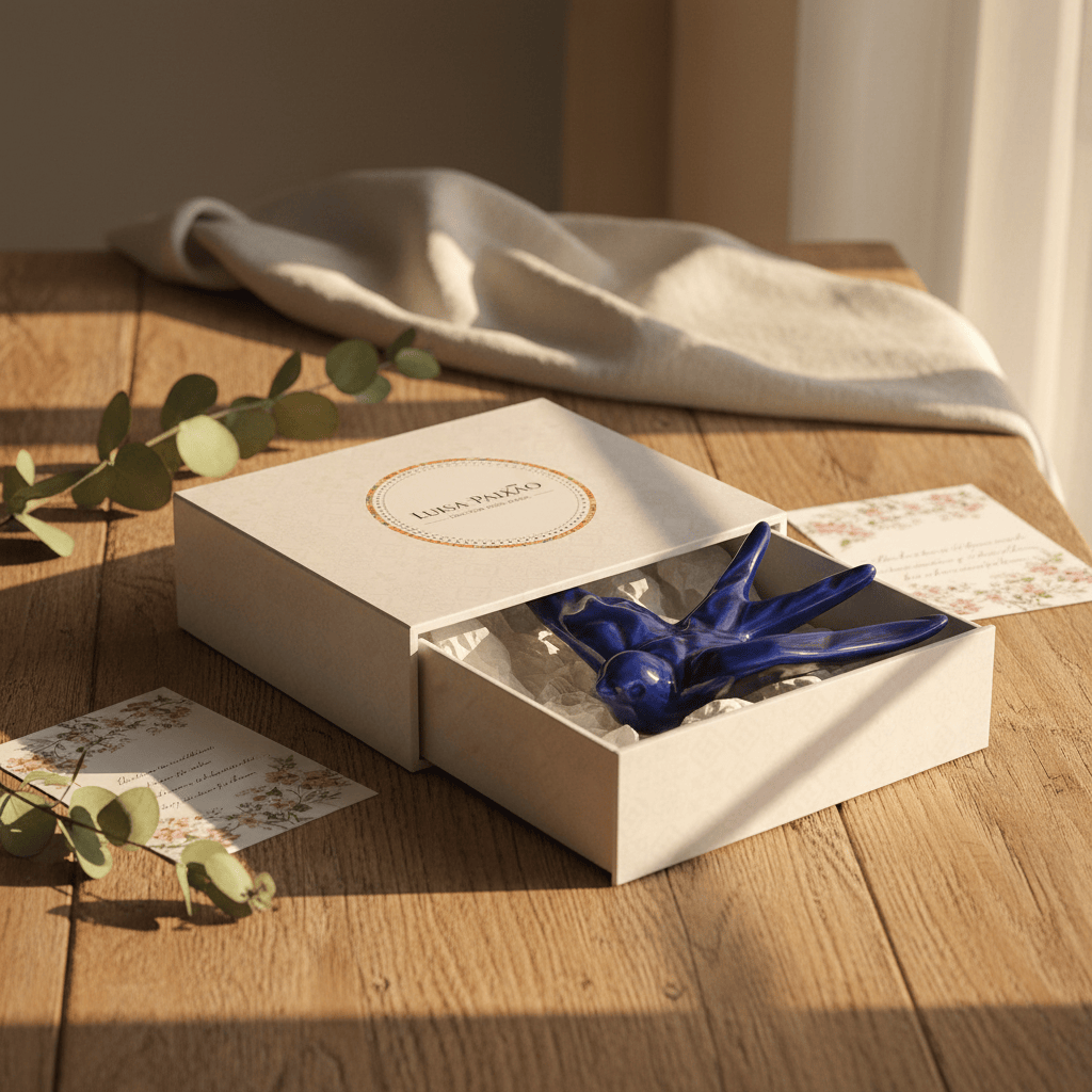 hirondelle en céramique stylisée et modernisée bleue cobalt, dans sa boîte cadeau Luisa Paixão.  Coffret hirondelle stylisée - Bleu Cobalt