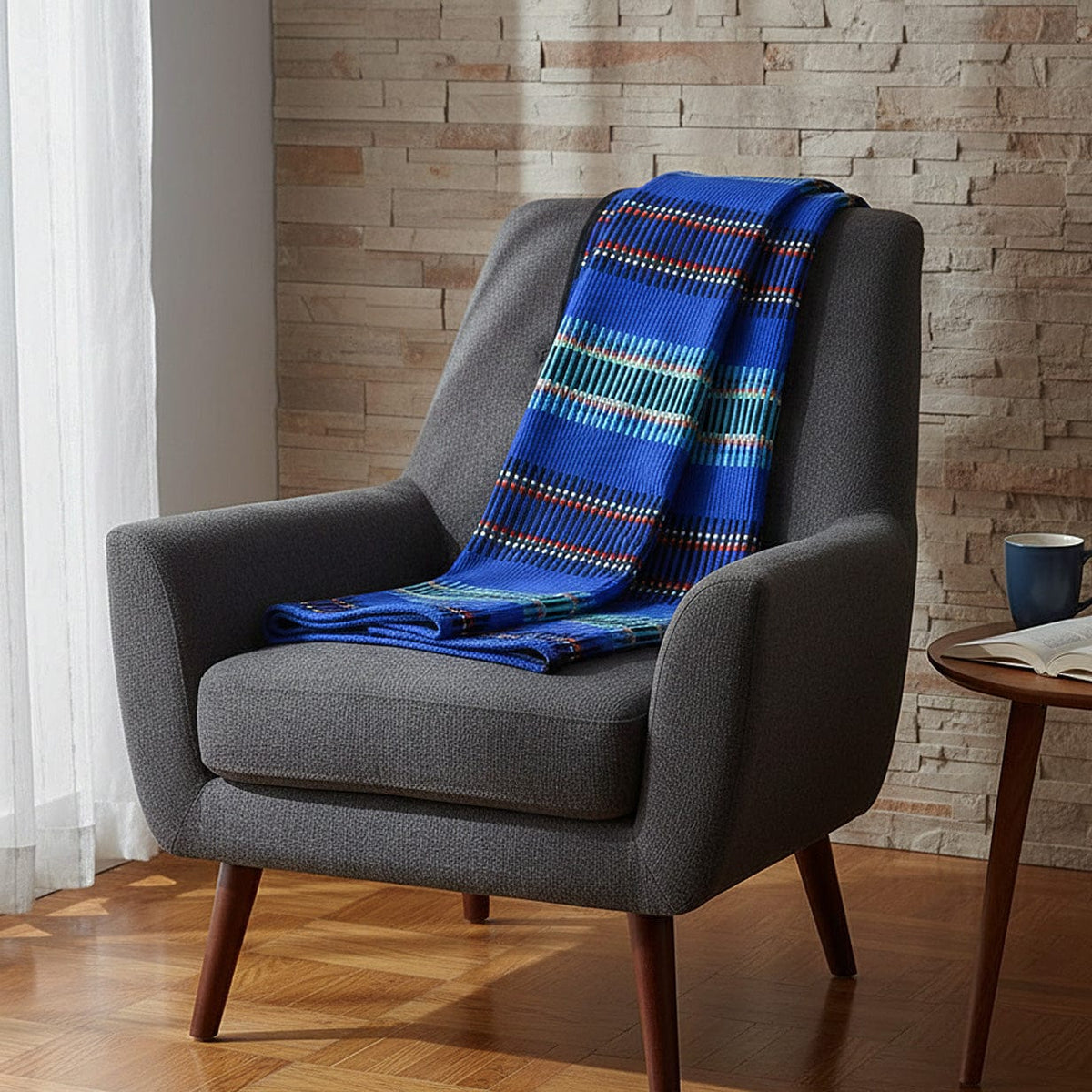 Plaid portugais Mantas de Mira de Aire bleu Plaid traditionnel portugais à galon - Bleu dur