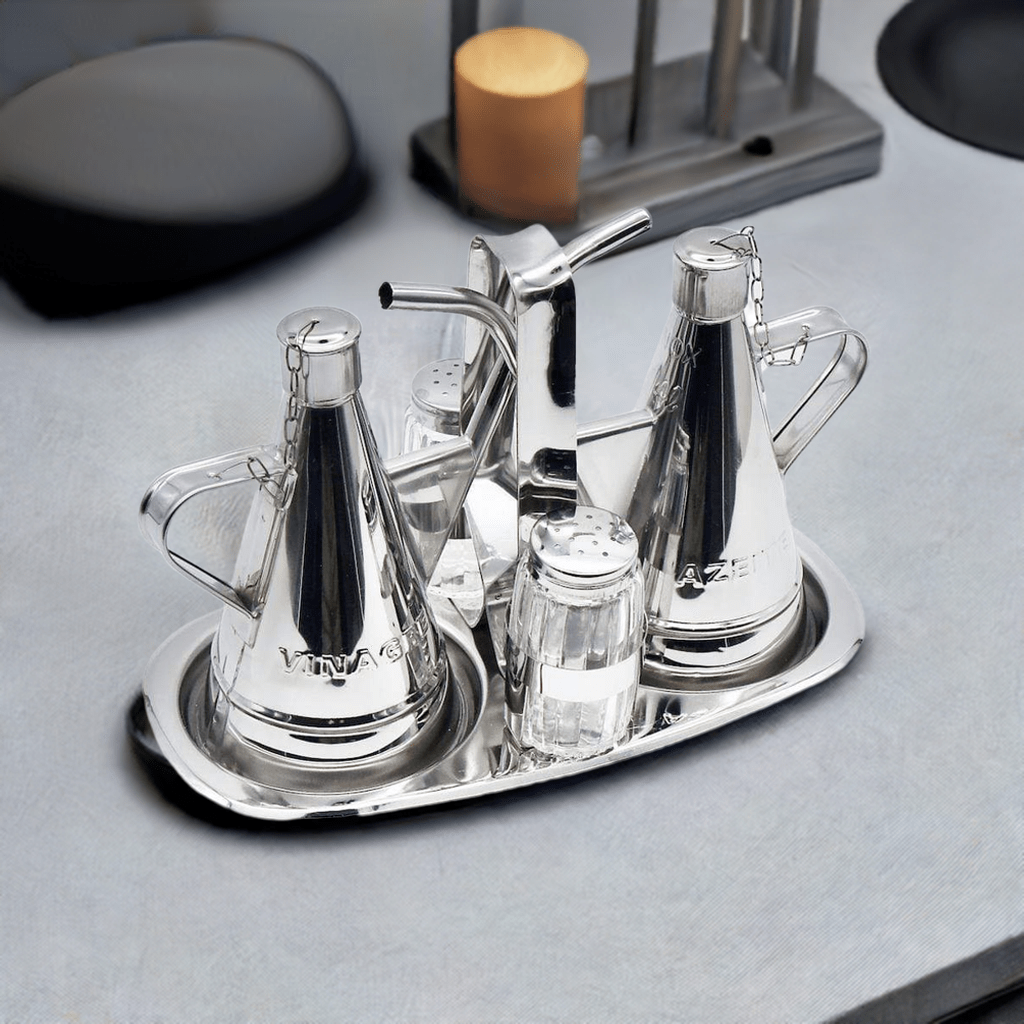 Présentoir à huile. vinaigre. sel et poivre en inox Présentoir à huile. vinaigre. sel et poivre en inox