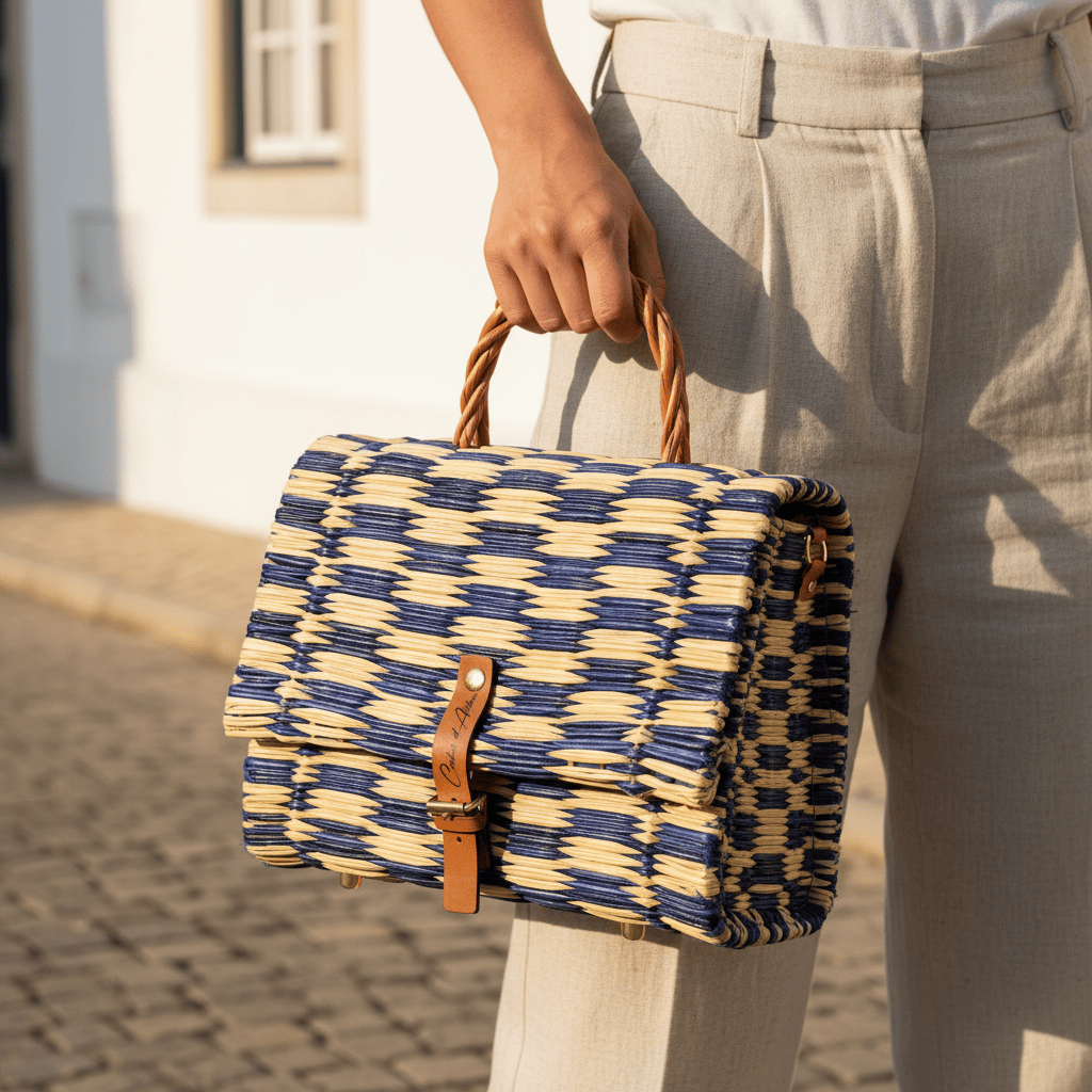 Sac cartable en jonc I Bleu I 25 cm I Produit du Portugal Sac cartable en jonc 25cm - Bleu & naturel