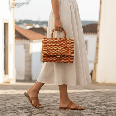 Sac cartable en jonc I Ocre I 25 cm I Produit du Portugal Sac cartable en jonc 25cm - Orange & naturel