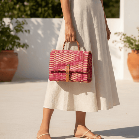 Sac cartable en jonc I Rose 25cm I Produit du Portugal Sac cartable en jonc 25cm - Rose & naturel