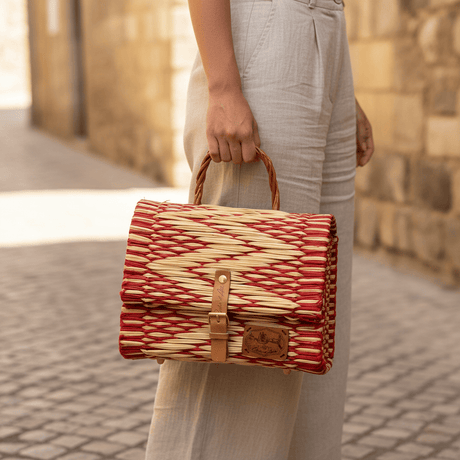 Sac cartable en jonc I Rouge & naturel I Produit du Portugal Sac cartable en jonc 25cm - Rouge & naturel