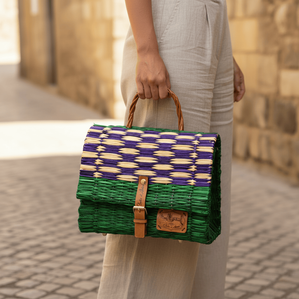 Sac cartable en jonc I Vert & violet I Produit du Portugal Sac cartable en jonc 25cm- Vert & violet