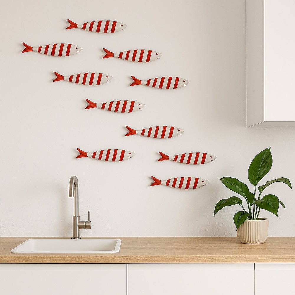 Sardine décorative souriante en céramique portugaise rayée blanc et rouge Sardine souriante en céramique - Rouge