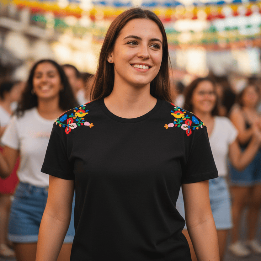 T-shirt portugais brodé Viana noir | Coton fabriqué au Portugal Tee-shirt 'Viana" brodé main - Noir