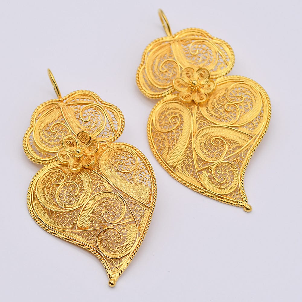 Boucles d'oreille Coeur de Viana en filigrane d'argent doré 6,5cm Coração de Viana I Boucles d'oreille en argent doré - 6.5cm