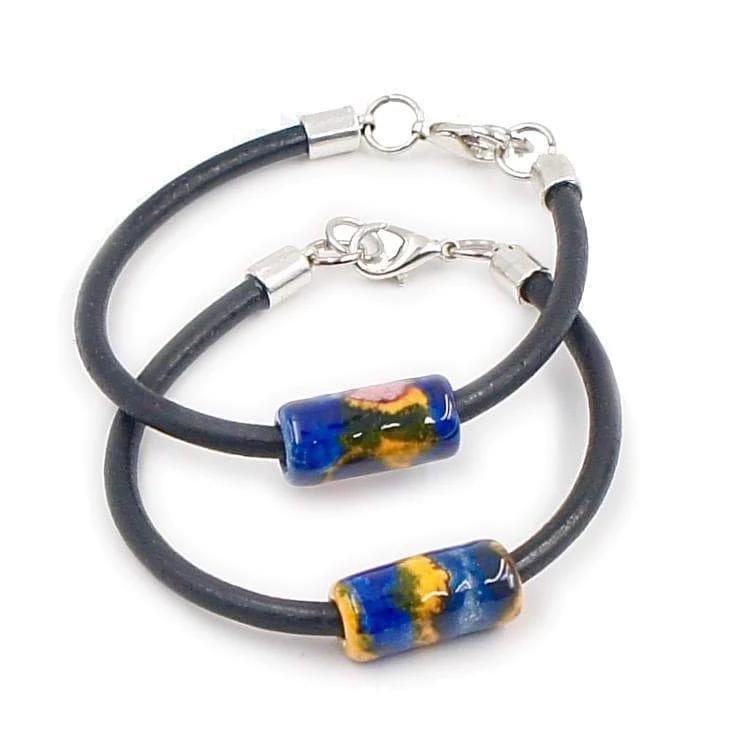 Armband Keramik auf Leder Marineblau und Gelb