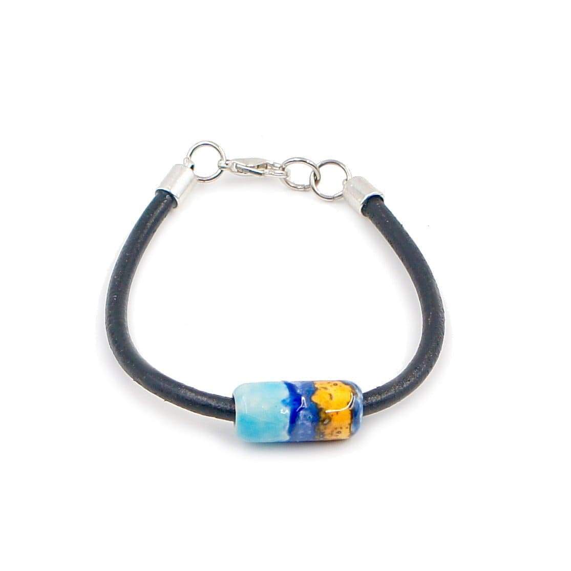 Bracelet céramique sur cuir Turquoise, Bleu et Jaune