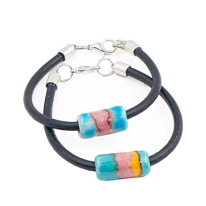 Armband Keramik auf Leder Türkis und Rosa