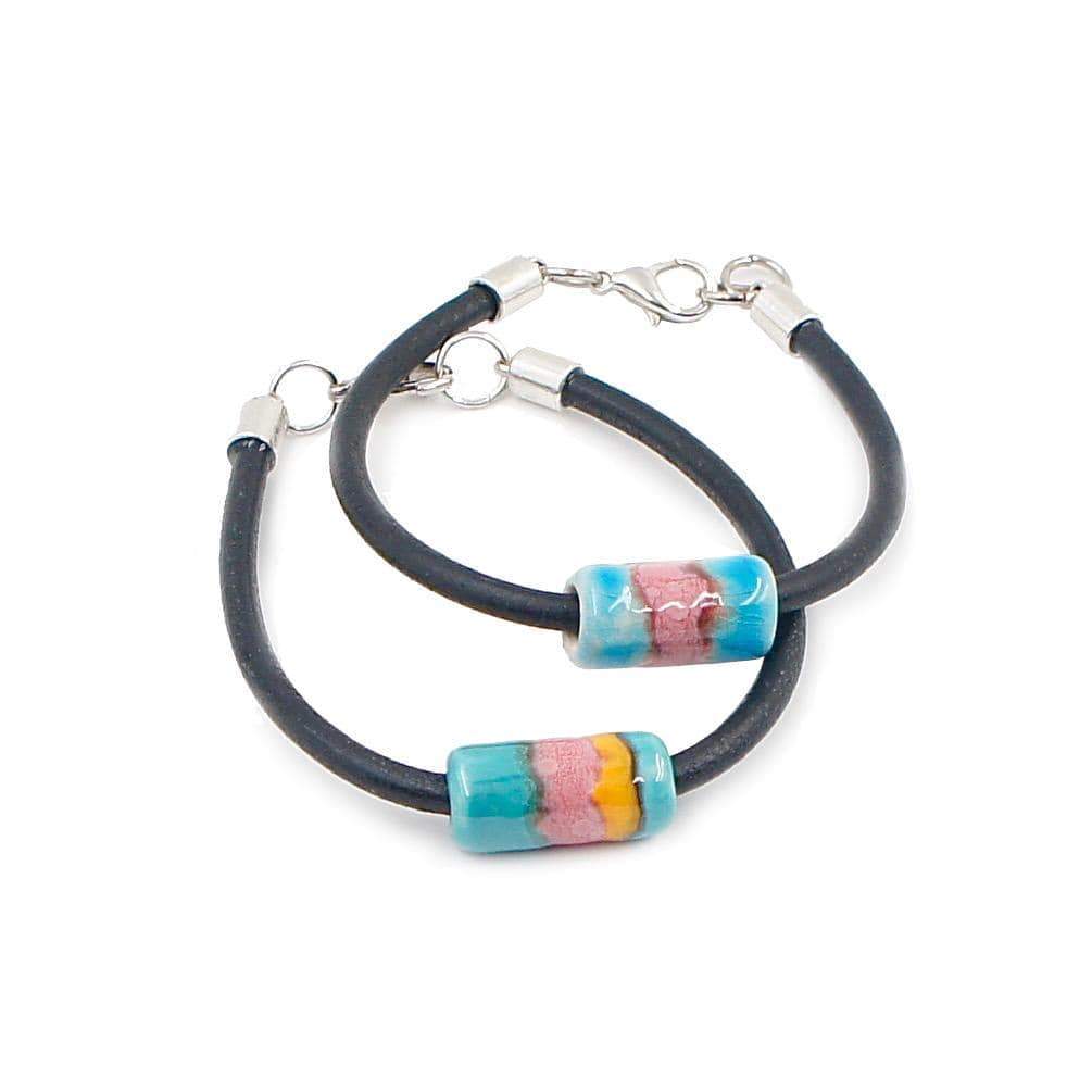 Armband Keramik auf Leder Türkis und Rosa