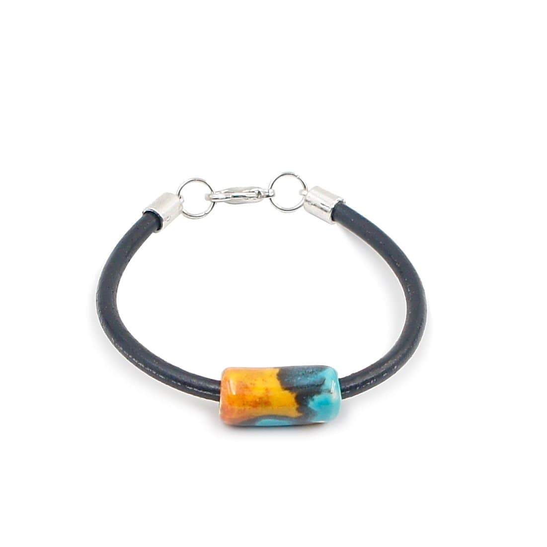 Ceramic bracelet on leather: Turquoise-blue