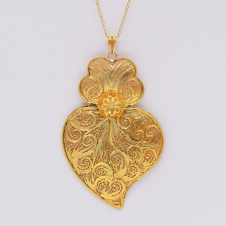 Pendentif Coeur de Viana en argent doré 11 cm I Vente bijoux argent Coração de Viana I Pendentif en argent doré - 11 cm