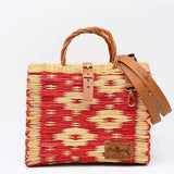 Sac cabas en jonc 26cm - Rouge & naturel